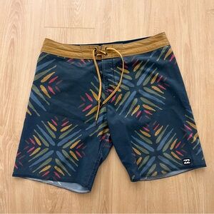 Billabong Men's Tribal Pattern Swim Shorts - Navy and Mustard
